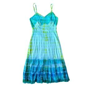 Vintage Reworked Shibori Tie Dye Slip Dress Lime Turquoise 90s Grunge Midi